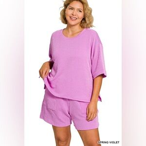Zenana RAISED RIB SHORT SLEEVE TEE & SHORT PANTS SET